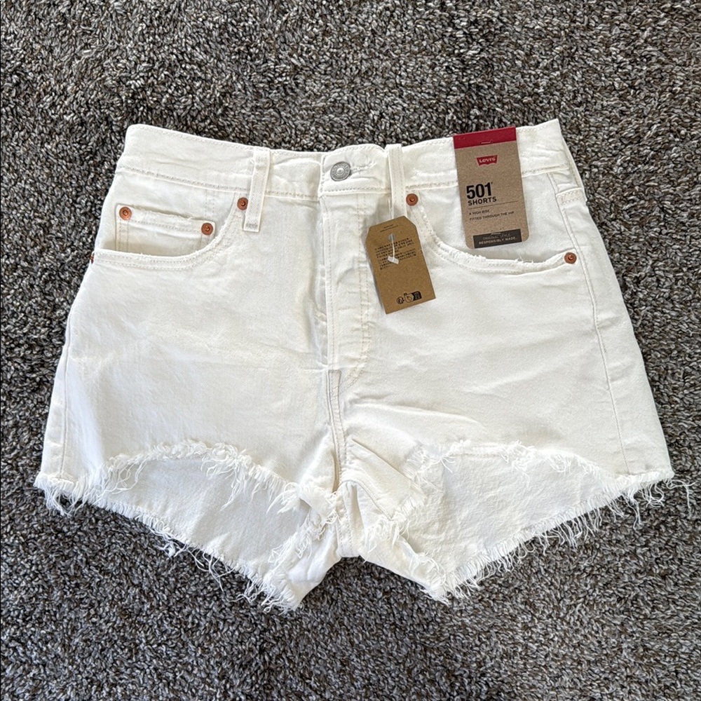 Levi's White High-Waisted Jean Shorts Frayed Hem